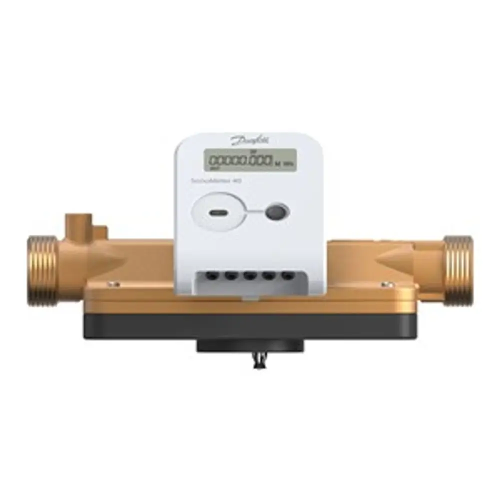 Danfoss Wärmezähler mit digitaler Anzeige, Anschlussleitungen, orangefarbenem Körper und Schutzart IP65. Das Gerät misst den Wärmeverbrauch in kWh.